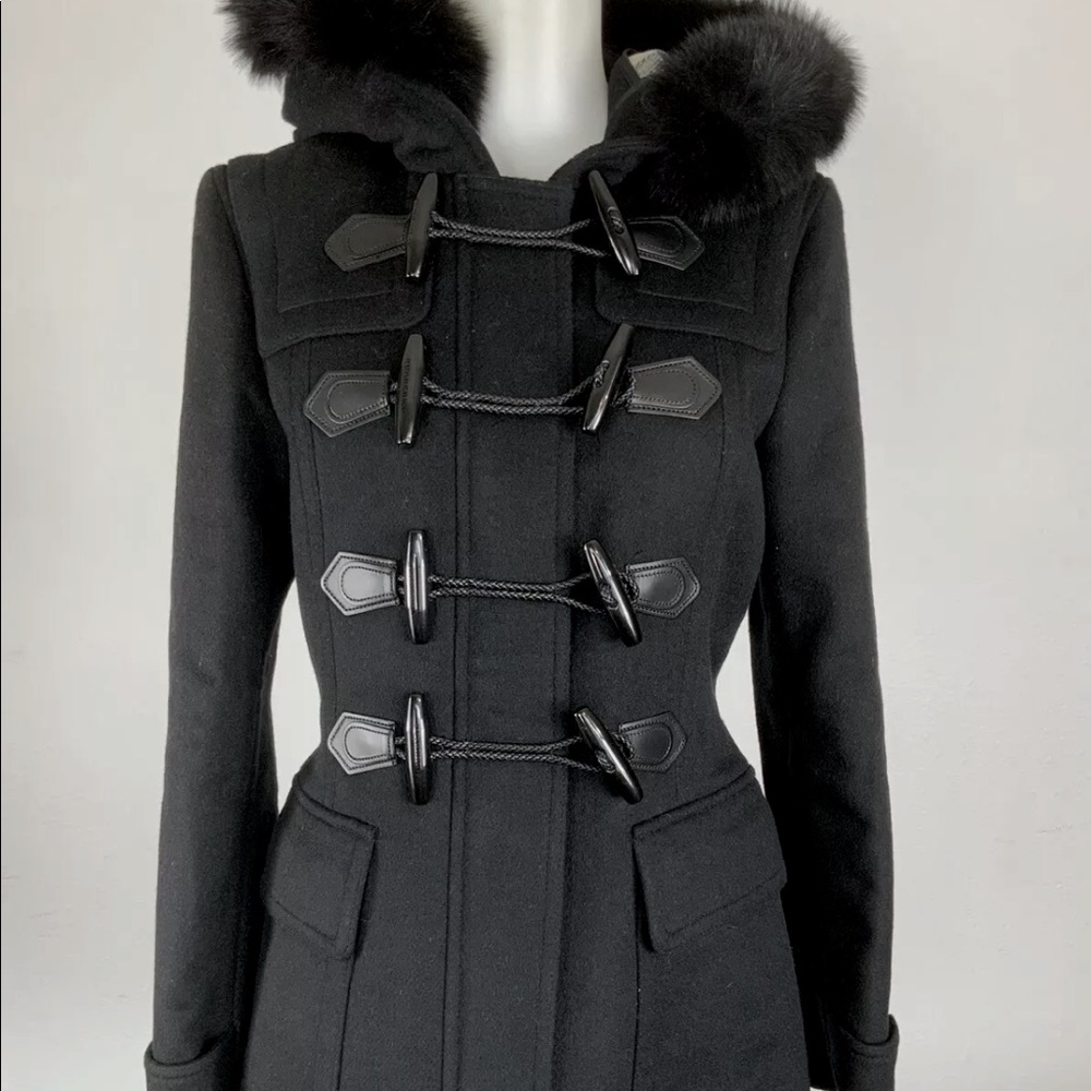 Burberry Black Wool Toggle Coat with Fur-Trim Hood